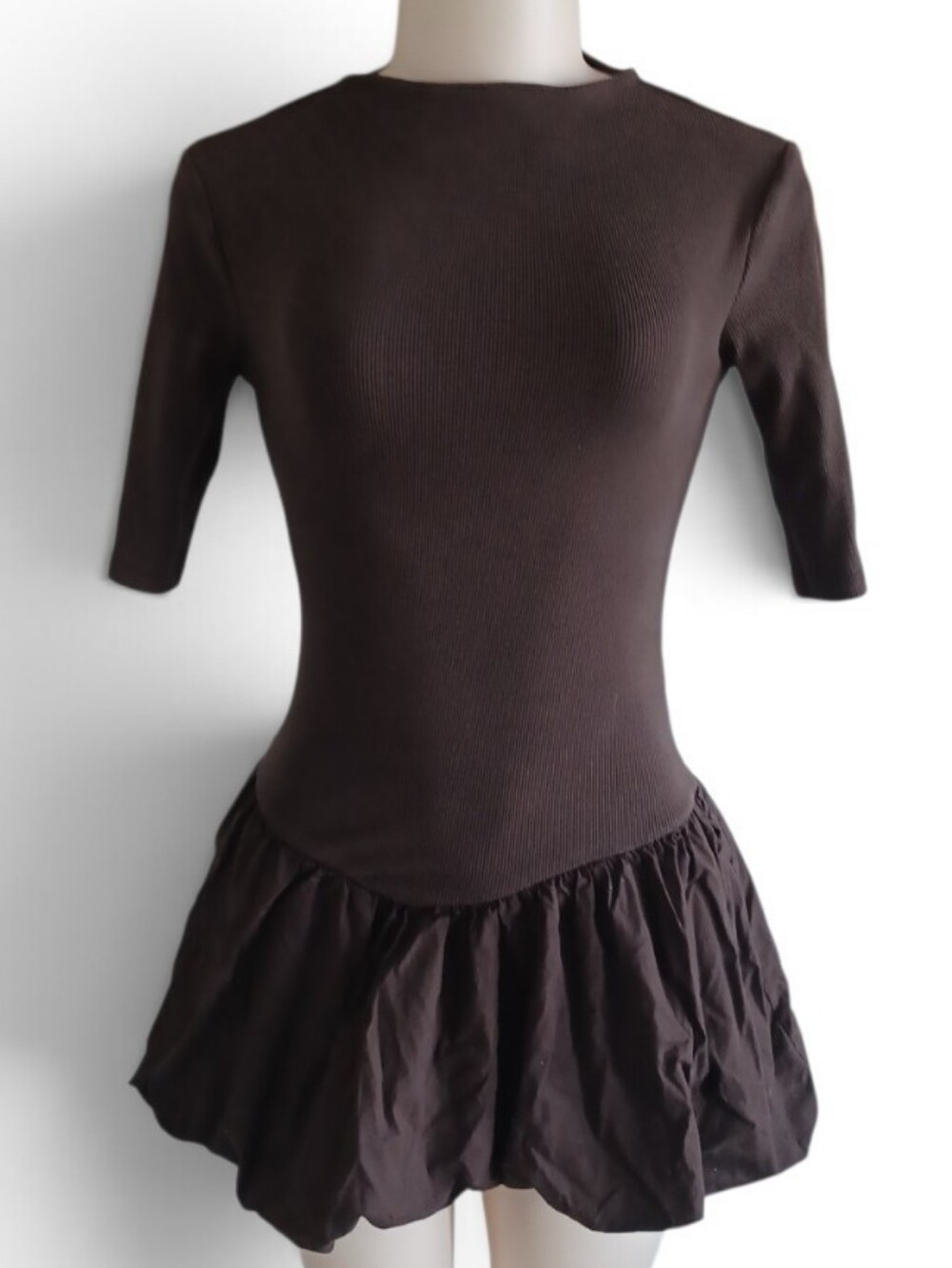 Zara Chocolate Brown Ribbed Ruffle Mini Dress - Picture 3 of 6